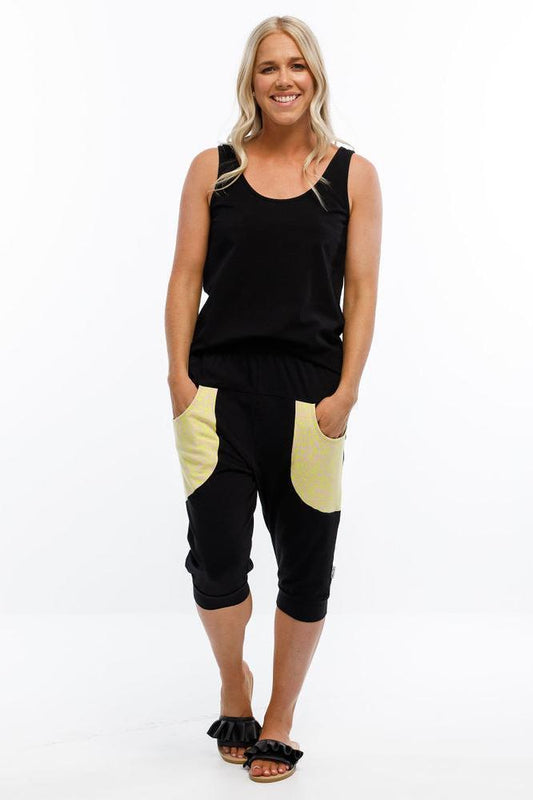 3/4 Apartment Pants - Black with Yellow Paper Plane Pocket